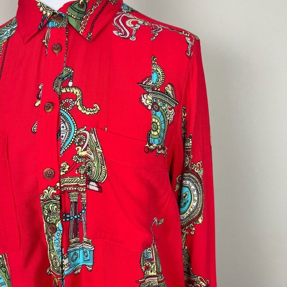 Maeve Anthropologie Shirt Women 4 Red Clock Long Sleeve Whimsy‎ Button Down Top - Picture 9 of 12